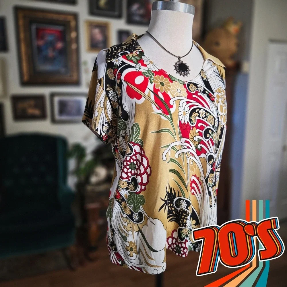 Vintage‎ 70s First Choice Of California Floral Short Sleeve Blouse Top Shirt